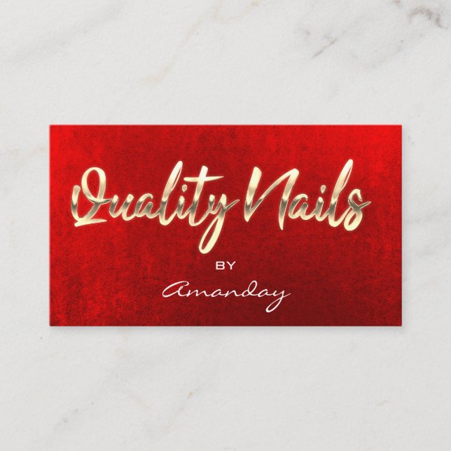 Gold Red Quality Nails Script QR Code Logo  Business Card (Front)
