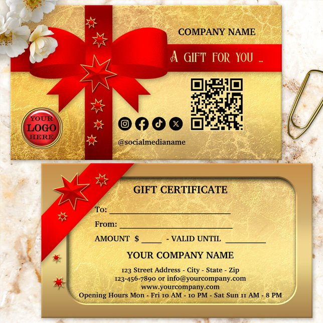 Gold Red Ribbon Christmas Gift Card (A festive Christmas Holiday gift certificate featuring a red ribbon on a gold veined background)