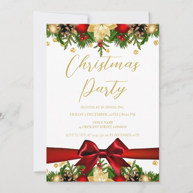 Gold Red Ribbon Glitter Christmas Corporate  Invitation (Front)