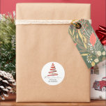 Gold Red Ribbon Tree Name Merry Christmas Classic Round Sticker<br><div class="desc">Gold Red Ribbon Tree Name Merry Christmas  is in a modern set handwriting style script and a ribbon like simplistic tree illustration to add a personal touch to your festive gifts and favours.</div>