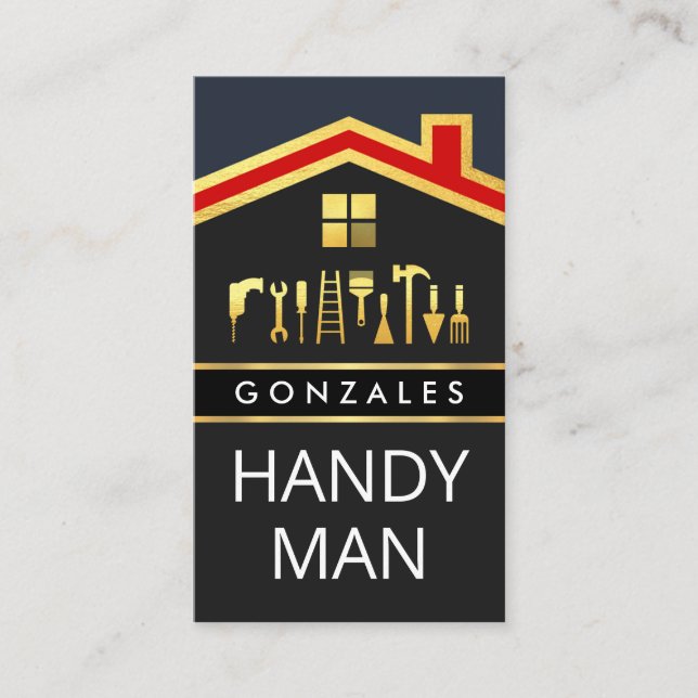 Gold Red Roof With Handyman Tools Business Card (Front)