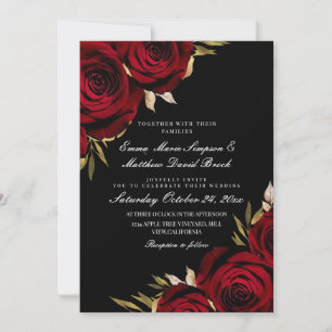 Gold Red Rose Black Floral Wedding Invitation