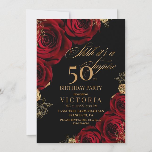 Gold & Red Roses Surprise 50th Birthday Invitation (Front)