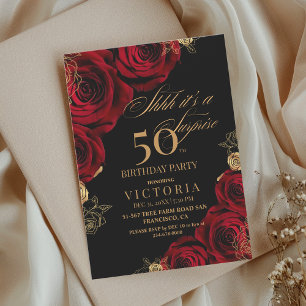 Gold & Red Roses Surprise 50th Birthday Invitation