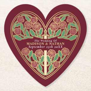 Gold Red Royal Medieval Floral Sword Wedding Paper Coaster