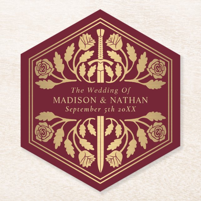 Gold Red Royal Medieval Sword Wedding Paper Coaster (Front)