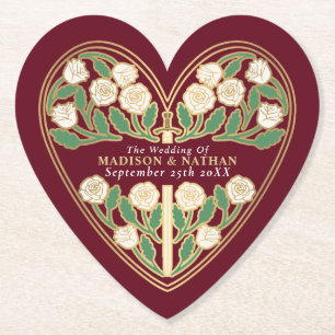 Gold Red Royal Medieval White Floral Sword Wedding Paper Coaster