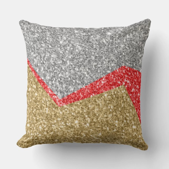 Gold &Red & Silver Glitter Geometric Design Throw Pillow (Front)