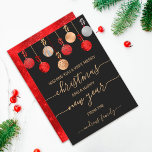 Gold Red Silver Glitter Hanging Ornament Christmas Holiday Card<br><div class="desc">This cute and unique Christmas holiday greeting card is perfect to personalize your invites with a special touch. It features eight faux printed sparkly gold, silver, and red glitter and foil hanging ornaments with bows on top of a simple black background. The back of the card depicts a sparkly red...</div>