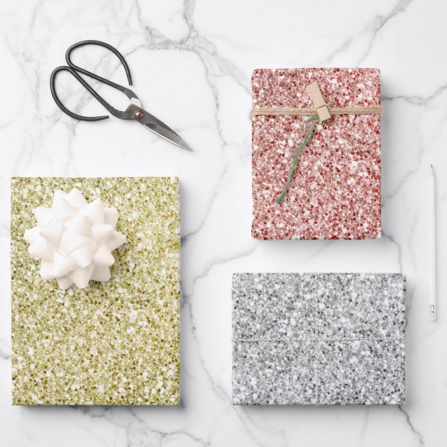 Gold Red Silver Glitzy Glitter Sparkle Wrapping Paper Sheet (Front)