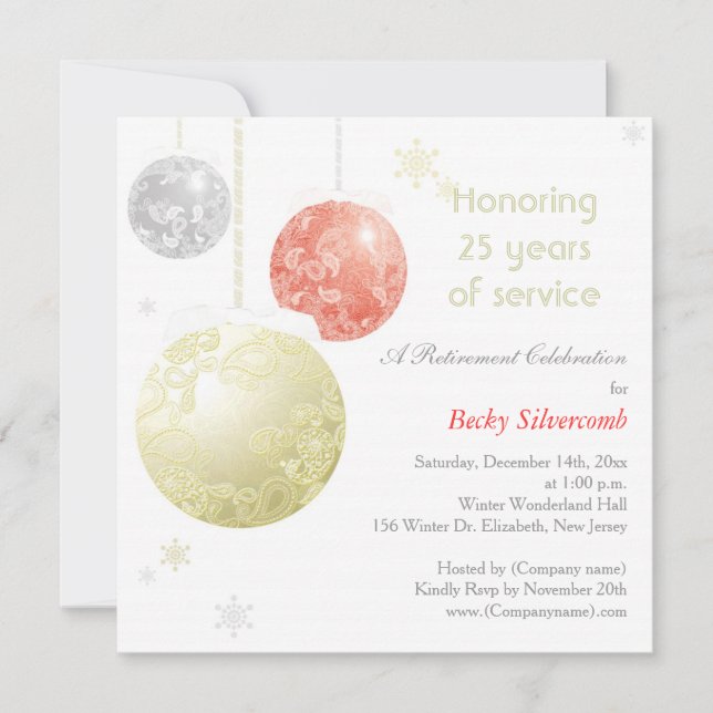 Gold Red Silver Winter Retirement Party Invitation (Front)