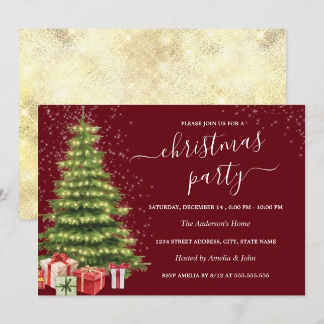 Gold Red Sparkle Tree Lights Christmas Party Invitation (Front/Back)
