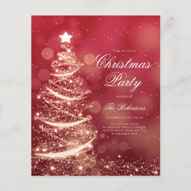 Gold Red Sparkling Xmas Tree Invite Program Menu (Front)