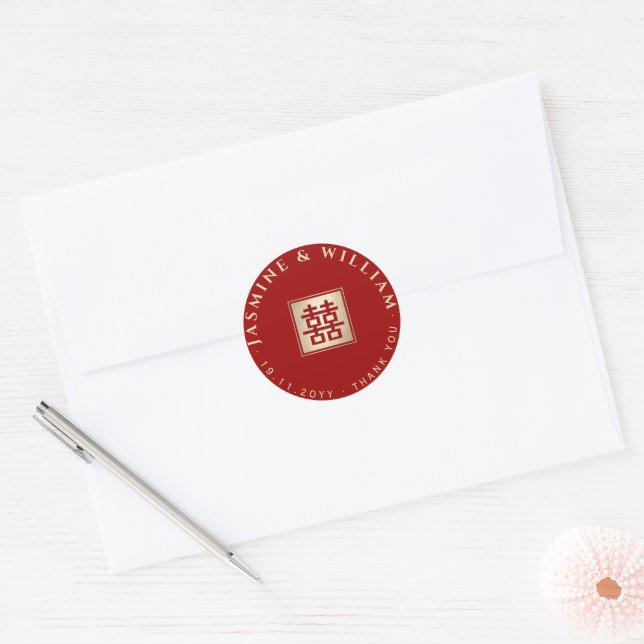Gold/Red Square Double Happiness Chinese Wedding Classic Round Sticker (Envelope)