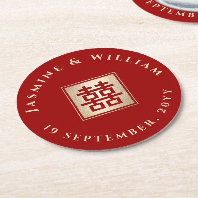 Gold/Red Square Double Happiness Chinese Wedding Round Paper Coaster (Angled)