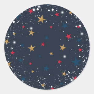 Gold, red stars, snowflakes on blue. Festive Classic Round Sticker