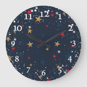 Gold, red stars, snowflakes on blue. Festive Large Clock