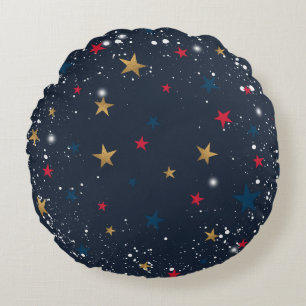 Gold, red stars, snowflakes on blue. Festive Round Pillow