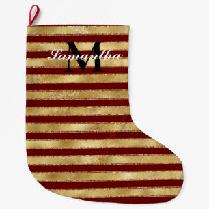 Gold Red Stripes Monogram Large Christmas Stocking