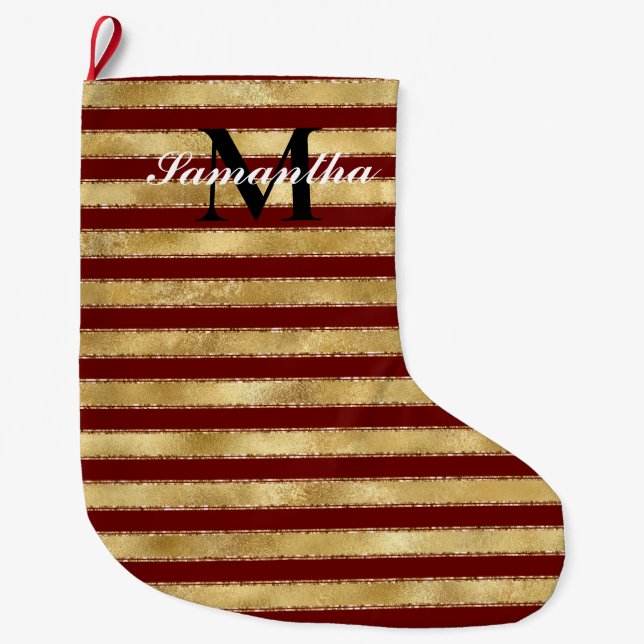 Gold Red Stripes Monogram Large Christmas Stocking (Front)