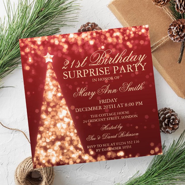 Gold Red Surprise 21st Birthday Christmas Lights Invitation (Gold Red Surprise 21st Birthday Christmas Lights Invitation)