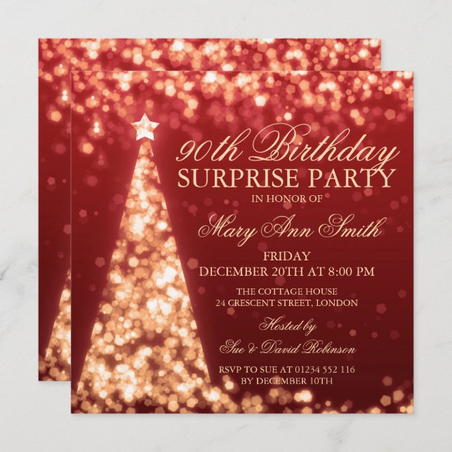 Gold Red Surprise 90th Birthday Christmas Lights Invitation (Front/Back)