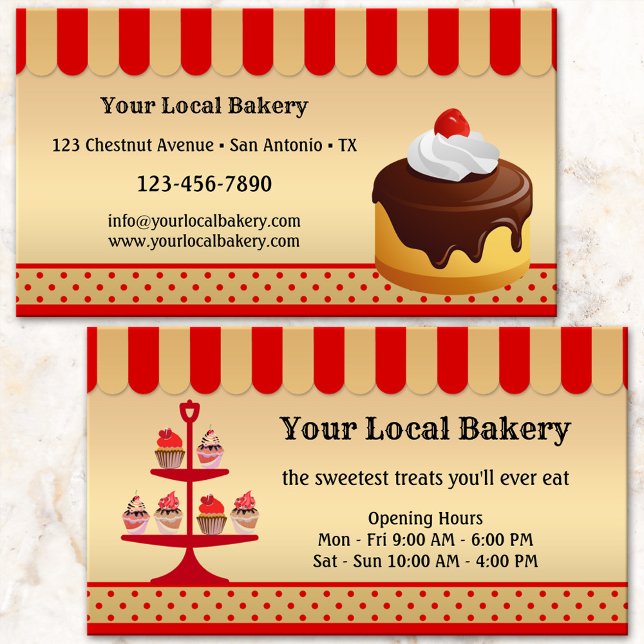 Gold Red Sweet Cupcakes Carte de visite de boulang (Business card featuring an elegant design with cupcakes on a stand on gold and red - bakery)