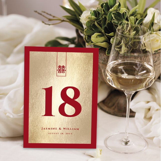 Gold Red Tall Rectangle Double Xi Chinese Wedding Table Number (Creator Uploaded)