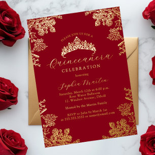 Gold Red Vintage Floral Quinceanera 
