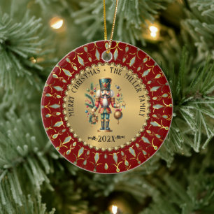 Gold Red White Diamonds Christmas Nutcracker Ceramic Ornament