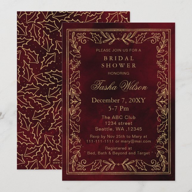 Gold Red Winter Foliage Holiday Bridal Shower Invitation (Front/Back)
