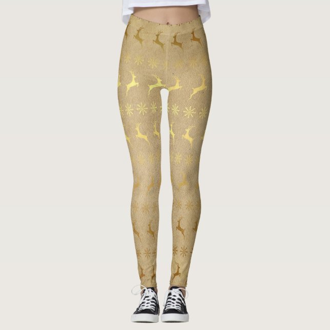 Gold Reindeer and Snowflakes Leggings (Front)