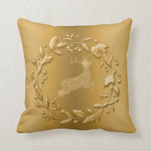 Gold Reindeer and Wreath Christmas Throw Pillow