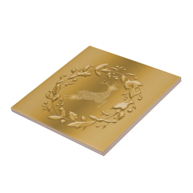Gold Reindeer and Wreath Christmas Tile (Side)
