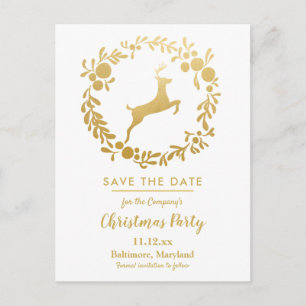 Gold Reindeer Christmas Wreath Holiday Party Announcement Postcard