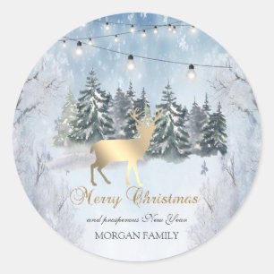 Gold Reindeer,Forest,String Lights Landscape  Classic Round Sticker