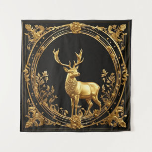 Gold reindeer gold and black ornamental frame tapestry