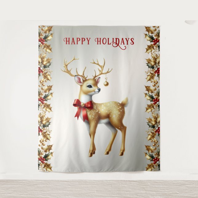 Gold Reindeer Holiday Backdrop Tapestry (Front)