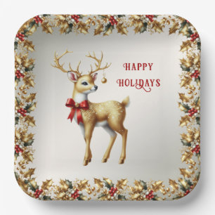 Gold Reindeer Holiday Paper Plate