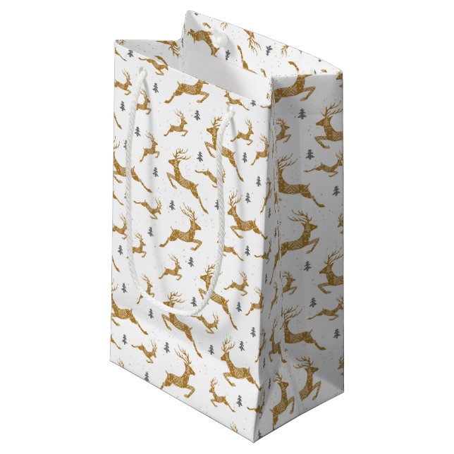 Gold Reindeer Pattern Small Gift Bag (Front Angled)