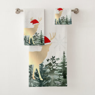 Gold Reindeer,Santa Hat,Snowflakes,Forest Bath Towel Set