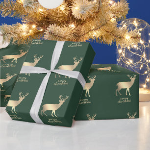 Gold Reindeers Green Merry Christmas   Wrapping Paper