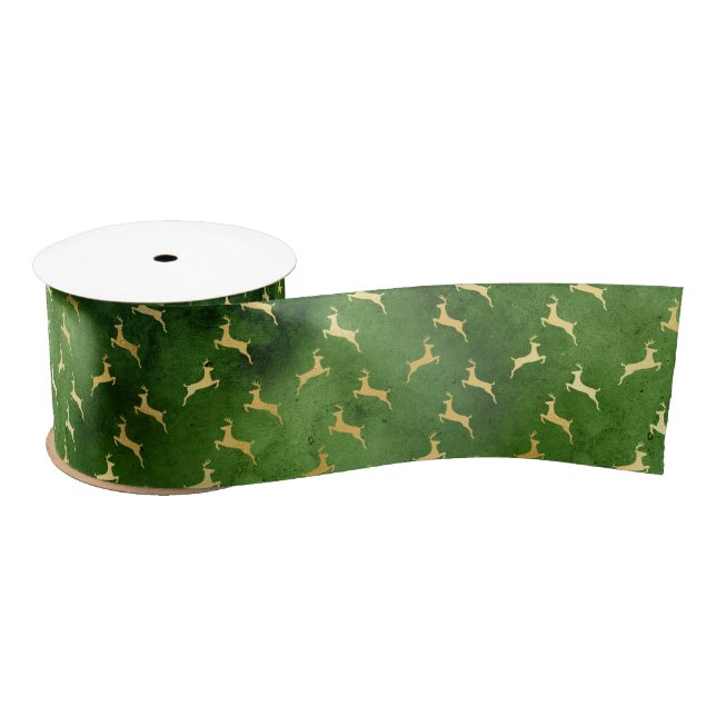 Gold Reindeers on Dark Green Satin Ribbon (Spool)
