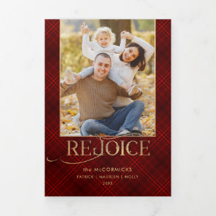 Gold Rejoice Script   Red Plaid   Photo Tri-Fold Card