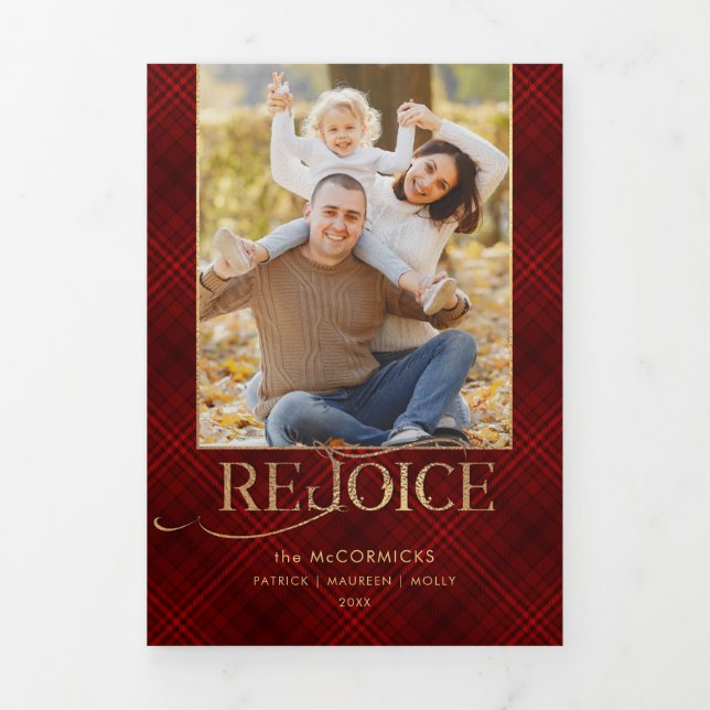 Gold Rejoice Script | Red Plaid | Photo Tri-Fold Card (Cover)