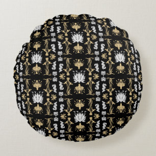 Gold Retro Art Nouveau Print Round Pillow