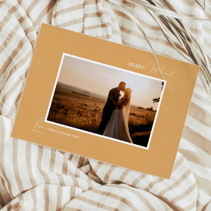 Gold Retro Boho Minimalist Merry Married Photo Holiday Card