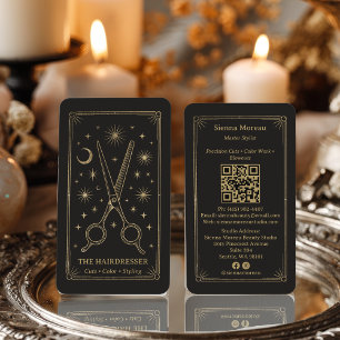 Gold Retro Celestial Tarot Hairdresser QR Code Business Card