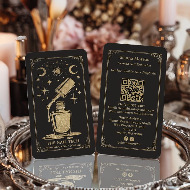 Gold Retro Celestial Tarot Nail artist QR Code Business Card (Gold Retro Celestial Tarot Nail artist QR Code Business Card)