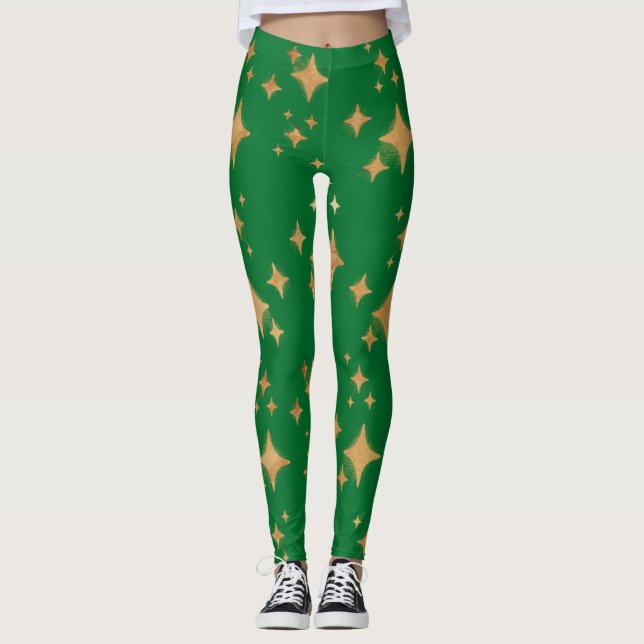 Gold Retro Christmas Stars on Green Leggings (Front)
